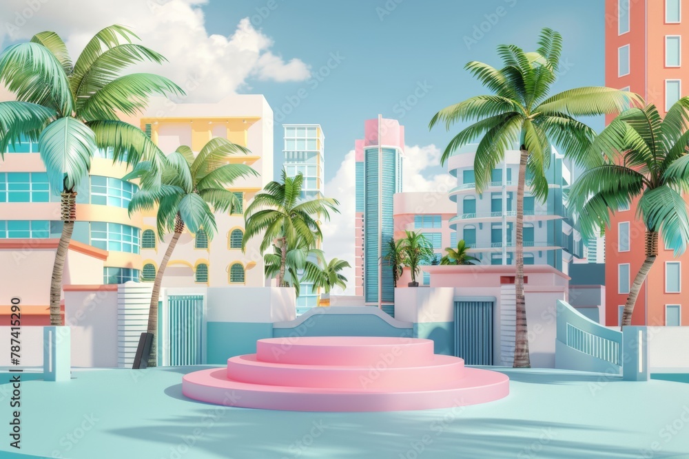 Obraz premium Empty podium with background of Miami Beach, vibrant art deco buildings and palm tree