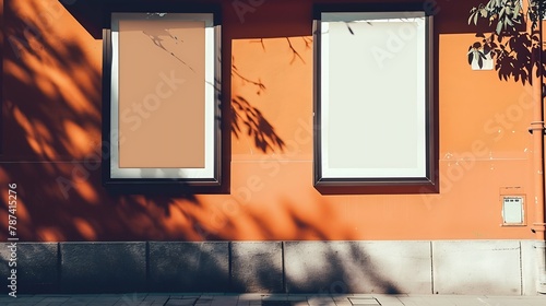 Two empty mockups of street advertising billboards on the pavement two blank ad placeholders outdoors template of outdoor advert posters on the paving stone in front of an orange house : Generative AI photo