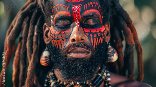 A handsome black man stands tall with his eyes closed his face painted with intricate red and black designs that resemble the iconic lion of Judah a symbol of strength and royalty . photo