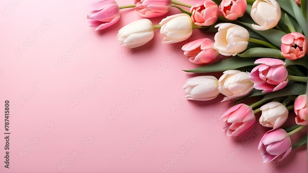 Top view of springtime tulip flowers in a flat lay style on a pink background. Banner Greeting for Mother's Day, Women's Day, or Spring Sale. Top view of springtime tulip flowers in a flat lay style on a pink background. Banner Greeting for Mother's Day, Women's Day, or Spring Sale.