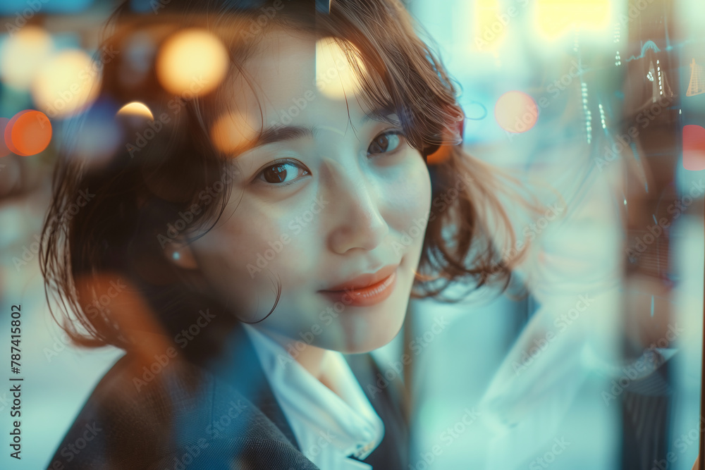 Serene woman peering through a glass window at dusk in the city Serene woman peering through a glass window at dusk in the city