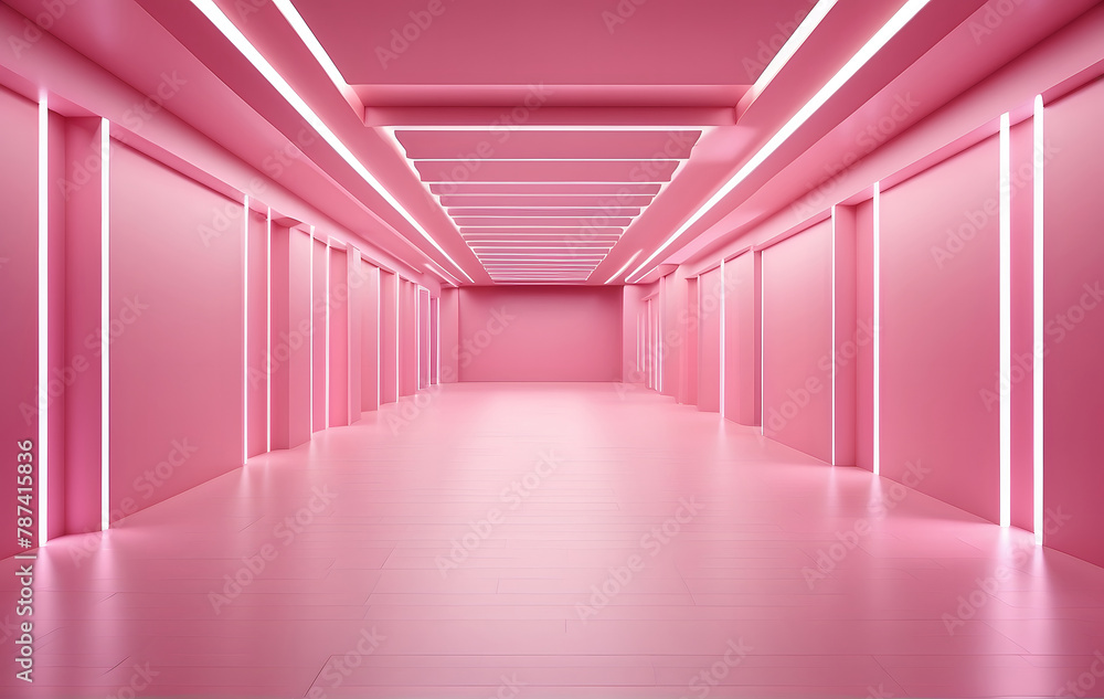 An empty product corridor interior serves as a contemporary backdrop, featuring neon accents and sleek architectural floor designs.