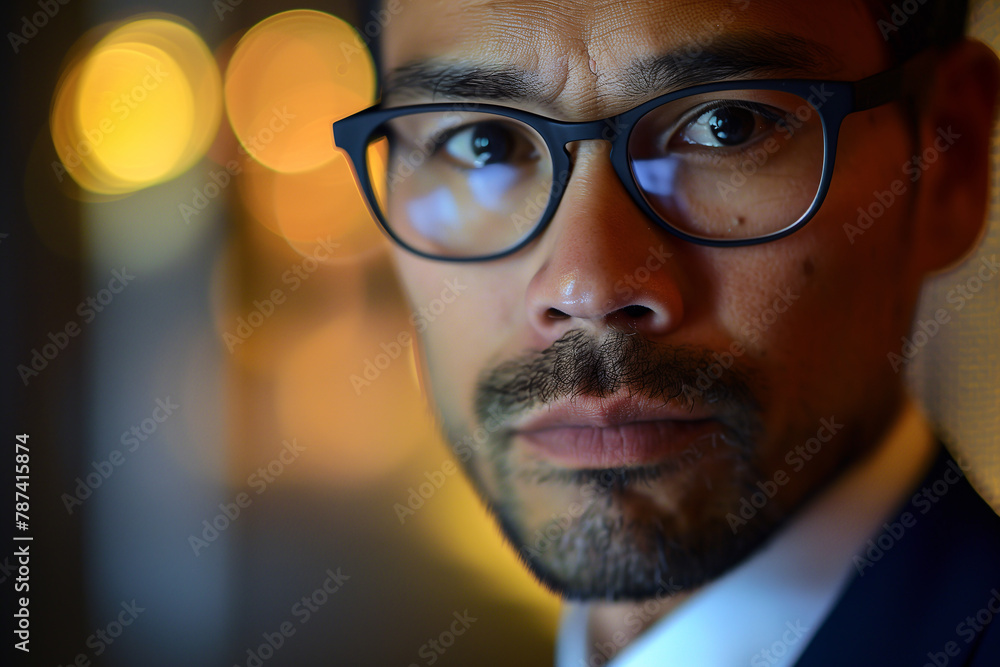 Thoughtful man wearing glasses with blurred lights behind. Thoughtful man wearing glasses with blurred lights behind.