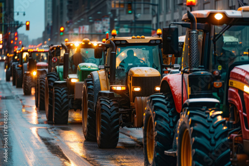 Numerous tractors congesting urban roadways, leading to gridlock. Farmers voicing their discontent over tax augmentations, legal reforms, and the elimination of advantages during a street demonstratio photo