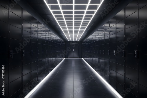 Empty lockers in futuristic corridor with illuminated ceiling