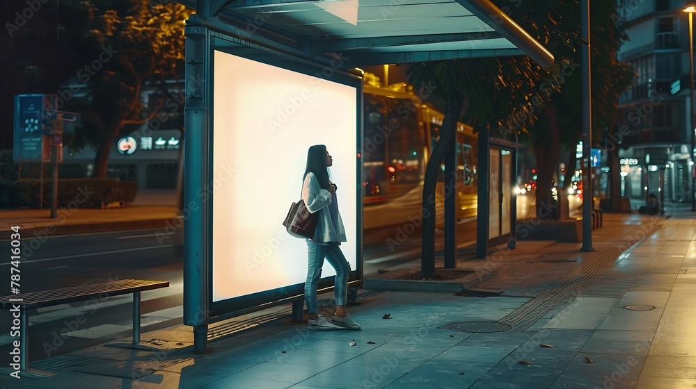 Outdoor advertising abri or billboard at bus stop with girl waiting for bus : Generative AI Outdoor advertising abri or billboard at bus stop with girl waiting for bus : Generative AI