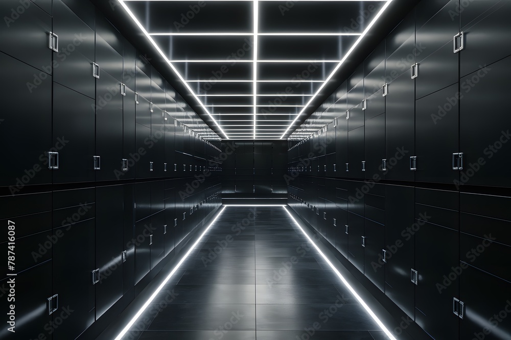 Empty lockers in futuristic corridor with illuminated ceiling - obrazy, fototapety, plakaty 