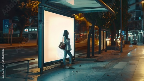 Outdoor advertising abri or billboard at bus stop with girl waiting for bus : Generative AI