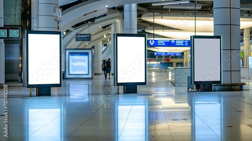 Three Bank billboards indoors of metro or airport hall advertising mock up public information board Blur Background : Generative AI