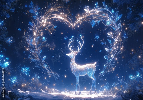 A deer with luminous white antlers stands in the dark forest, illuminated in the style of lights. The light is reflected on its body and creates a beautiful sparkles around it. 