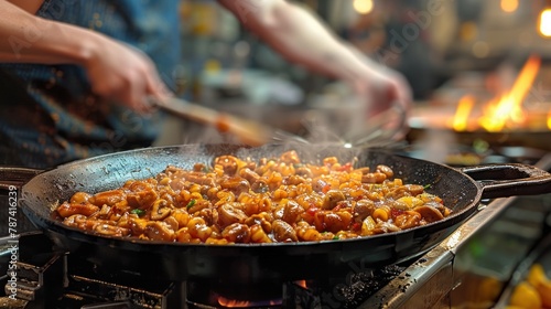 Wok filled with sizzling food cooking on a stovetop