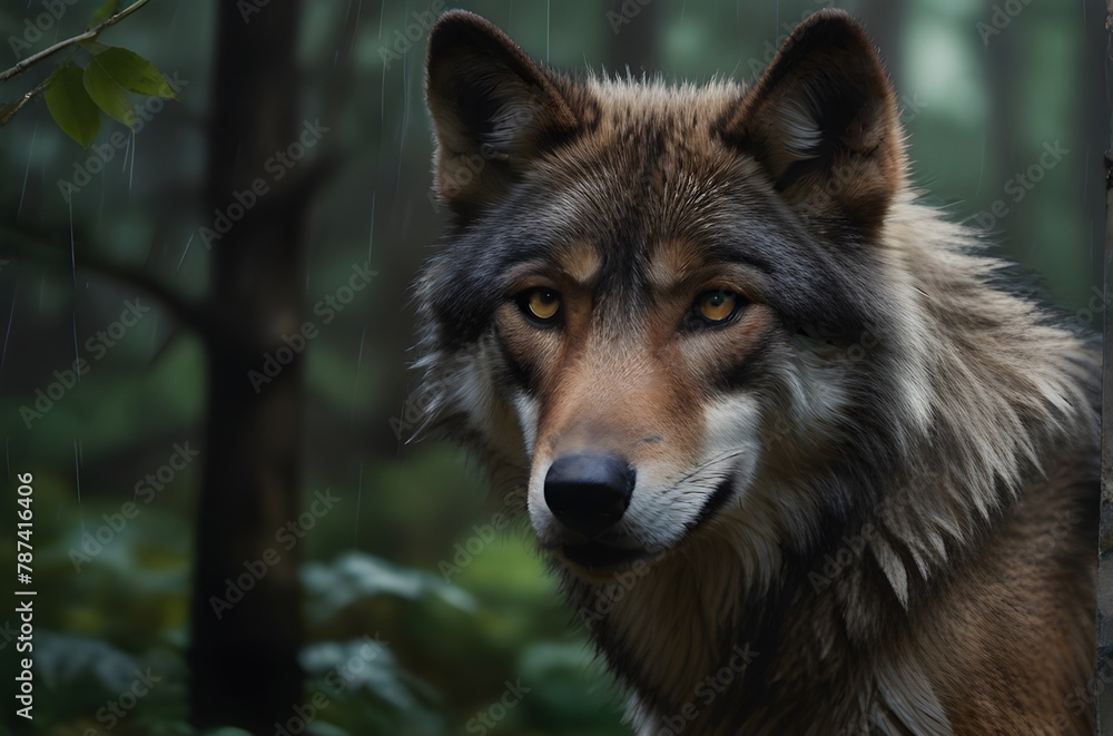 Illustration of a concentrated wild wolf looking at the camera in the rain in a leafy forest. Generative AI