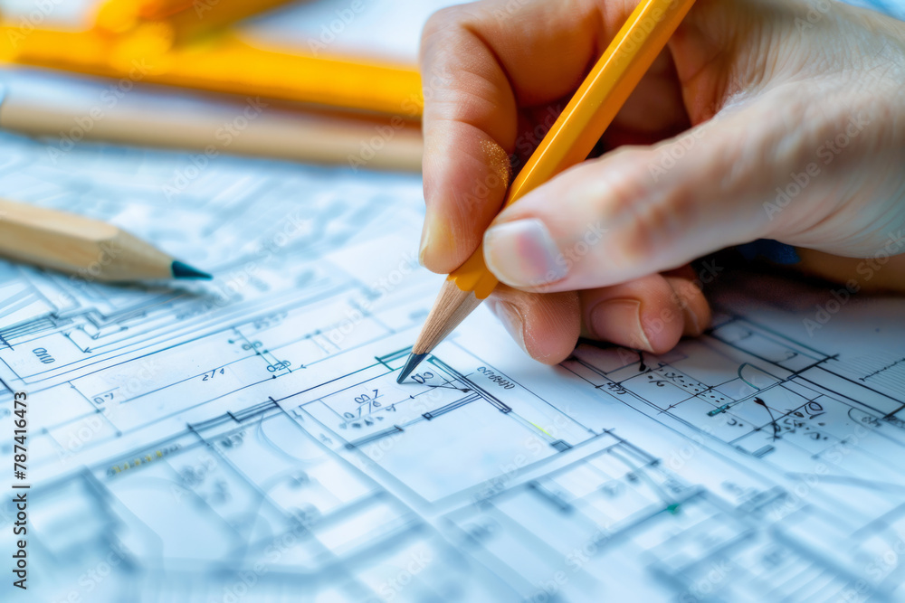 Professional sketching a residential blueprint using a carpentry pencil Professional sketching a residential blueprint using a carpentry pencil