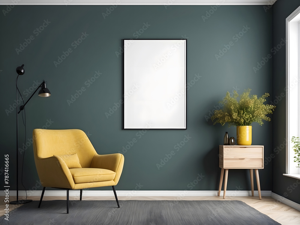 Modern living room with monochrome mustard yellow empty wall for mock-up contemporary interior design with trendy wall colour and chair design.