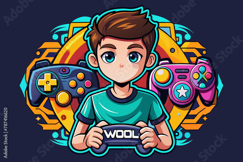 a captivating t-shirt design that's sure to turn heads! Featuring stunning typography and beautiful stickers, this design showcases a boy holding a gamepad amidst a backdrop of intricate game console