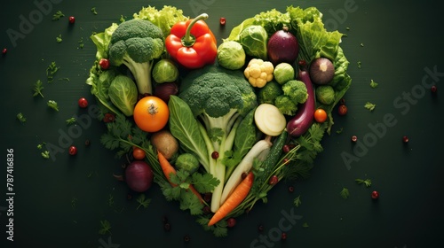 Heart shape made of fresh vegetables on dark background. Healthy food concept