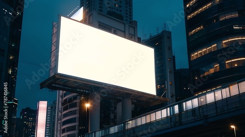 Blank white billboard on city buildings background at night front view Mockup advertising concept : Generative AI photo