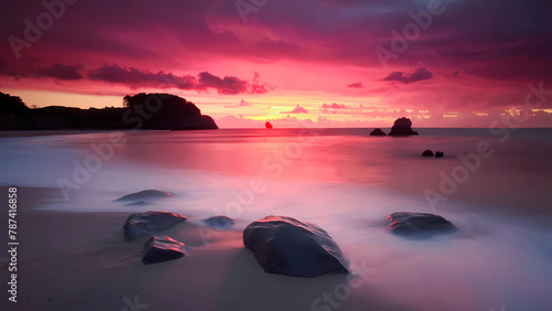 Horizonte al anochecer: El sol se pone en el horizonte, creando una escena inolvidable sobre el mar. Colores del atardecer: Desde el rosa al rojo, un espectáculo vibrante en el cielo al atardecer. photo