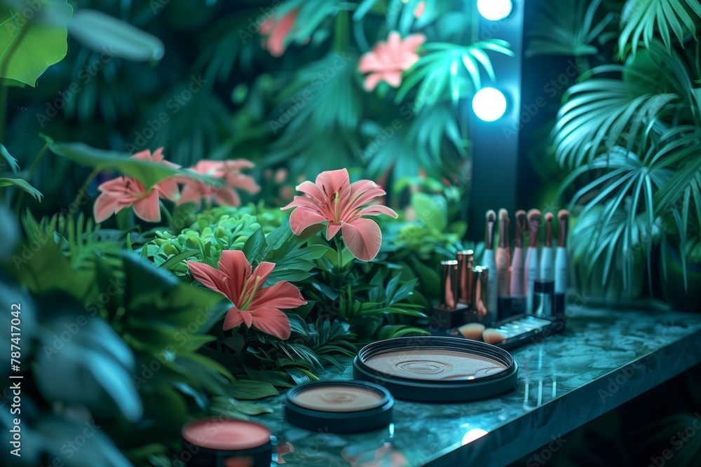 Cosmetics arranged in enchanted twilight garden Cosmetics arranged in enchanted twilight garden