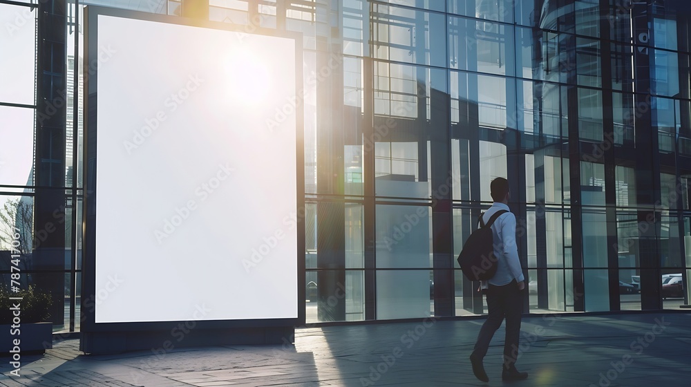 Businessman passing by blank white billboard with copyspace on sunny street before stylish business center with glass walls in the evening mockup : Generative AI
