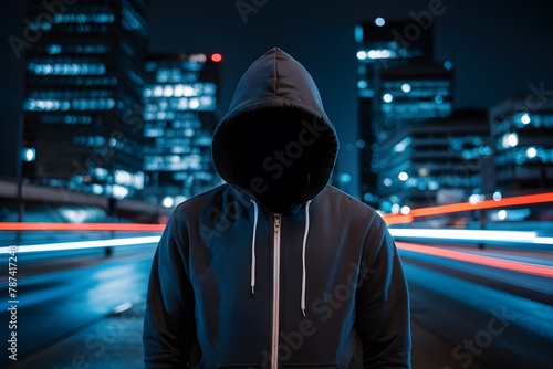 Faceless thief in hoodie standing at night in front of city © Jawed Gfx