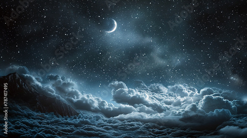 starry night sky, crescent, spooky clouds 