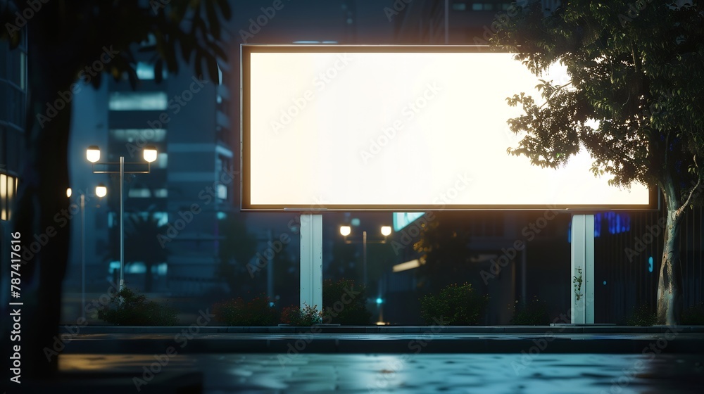 Blank glowing billboard on empty street at night mock up : Generative AI Blank glowing billboard on empty street at night mock up : Generative AI