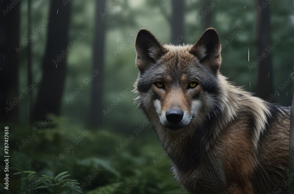 Illustration of a concentrated wild wolf looking at the camera in the rain in a leafy forest. Generative AI Illustration of a concentrated wild wolf looking at the camera in the rain in a leafy forest. Generative AI