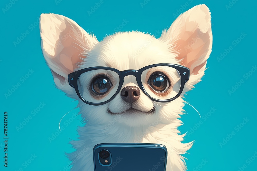 a happy chihuahua dog in glasses with black frames holding a Phone, blue background