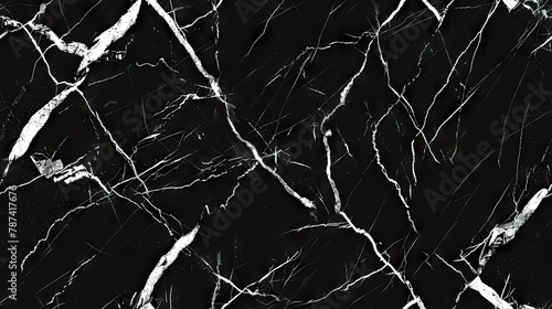 seamless texture of Nero Marquina marble with a black background and white veining photo