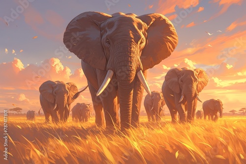 A herd of elephants walking towards the camera against an orange sunset sky. The elephant is big and has long tusks on its trunk.