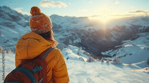 Skier against the backdrop of a vast mountain vista. AI generate illustration