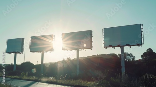 Empty white horizontal billboards at the roadside for mock up Asphalt road blank four billboards sun lights and lens flare : Generative AI