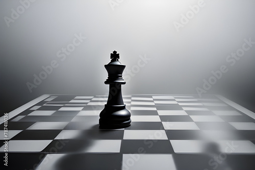 Close-up of the Golden Queen chess piece standing alone on a chessboard against a dark background. business strategy concept. photo