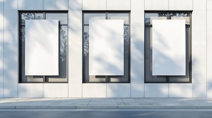 Blank white vertical banners on building facade design mockup Store flags mock up on the street Outdoor bannerets template on the side of the shop exterior Three signs hanging on the w : Generative AI