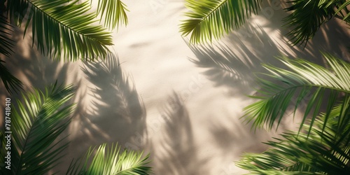 Soft shadows of palm leaves create an intricate pattern on a sandy beach, suggesting a serene tropical ambiance