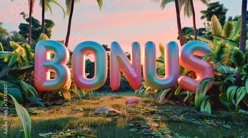 Vibrant Tropical Landscape with 3D Bonus Text at Sunset