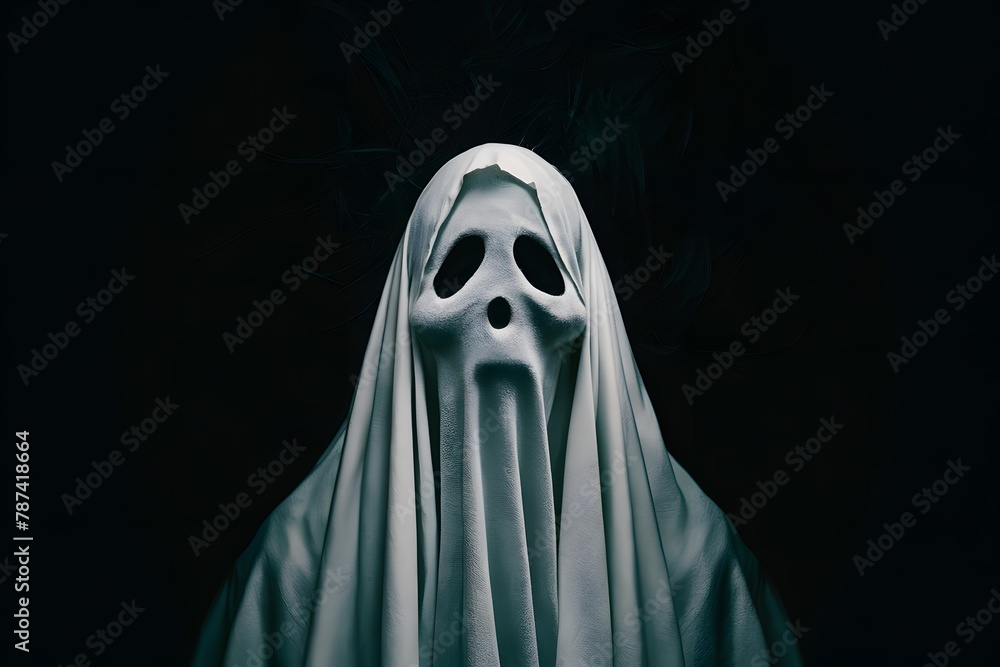 Ghost covered in white cloth, shrouded in darkness, ambiguous symbolism