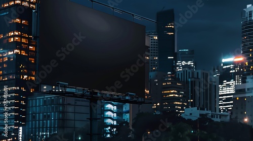 Blank black horizontal billboard on cityscape background at night perspective view Mockup advertising concept : Generative AI photo