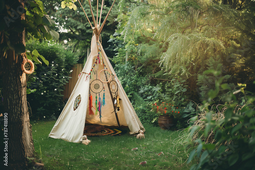 toy wigwam in the garden with dream catchers, chidhood fun and adventure (6)