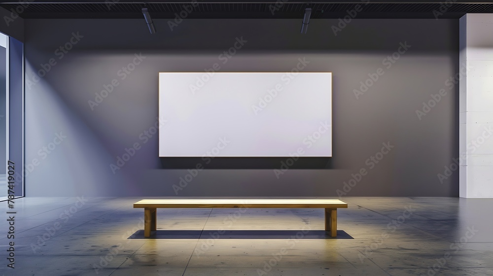 Blank billboard on the wall and wooden bench in empty hall mock up : Generative AI Blank billboard on the wall and wooden bench in empty hall mock up : Generative AI
