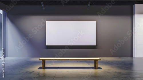 Blank billboard on the wall and wooden bench in empty hall mock up : Generative AI