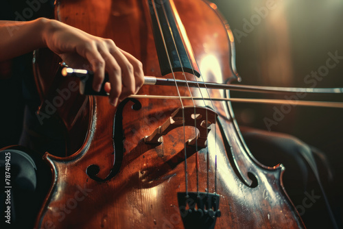 A musician passionately plays the cello, immersed in classical melodies photo
