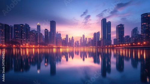 An elegant evening city skyline, lights reflecting on a calm river, skyscrapers silhouetted against a twilight sky, capturing urban beauty. Resplendent. © Summit Art Creations