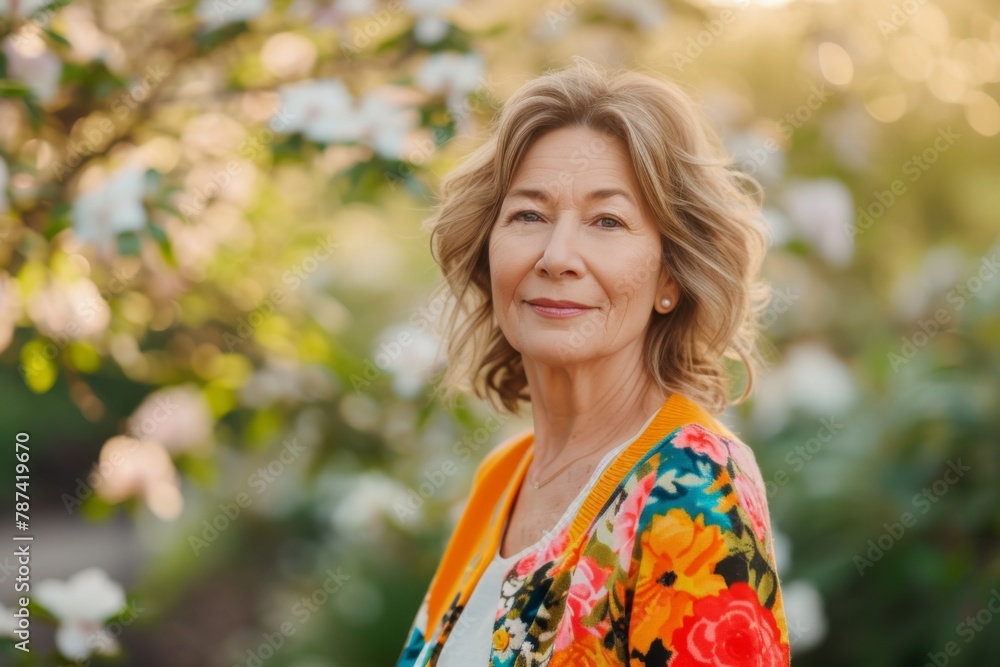Serene Mature Woman Enjoying Golden Hour in a Floral Garden Serene Mature Woman Enjoying Golden Hour in a Floral Garden