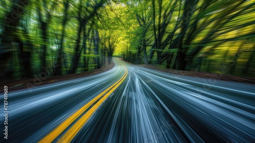 A blurry image of a road with yellow lines and trees in the background © AdriFerrer