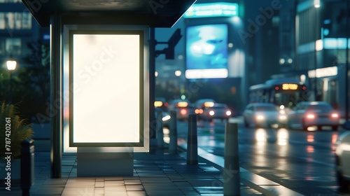 White bus stop billboard poster in a station with cars in moving in the background Front view mockup concept blank poster city traffic : Generative AI photo
