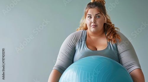 A woman with a large belly is holding a blue exercise ball