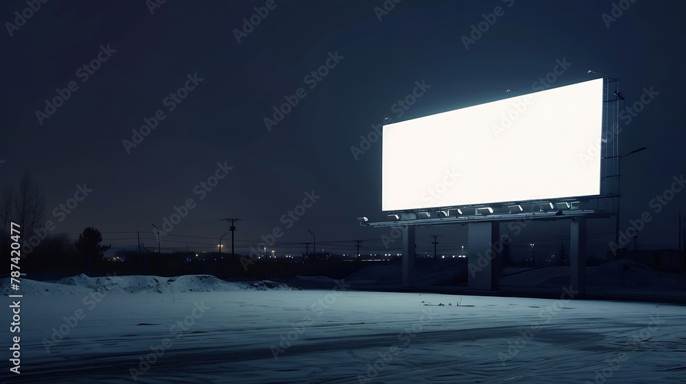 billboard screen winter MOCKUP with white field at night : Generative AI billboard screen winter MOCKUP with white field at night : Generative AI