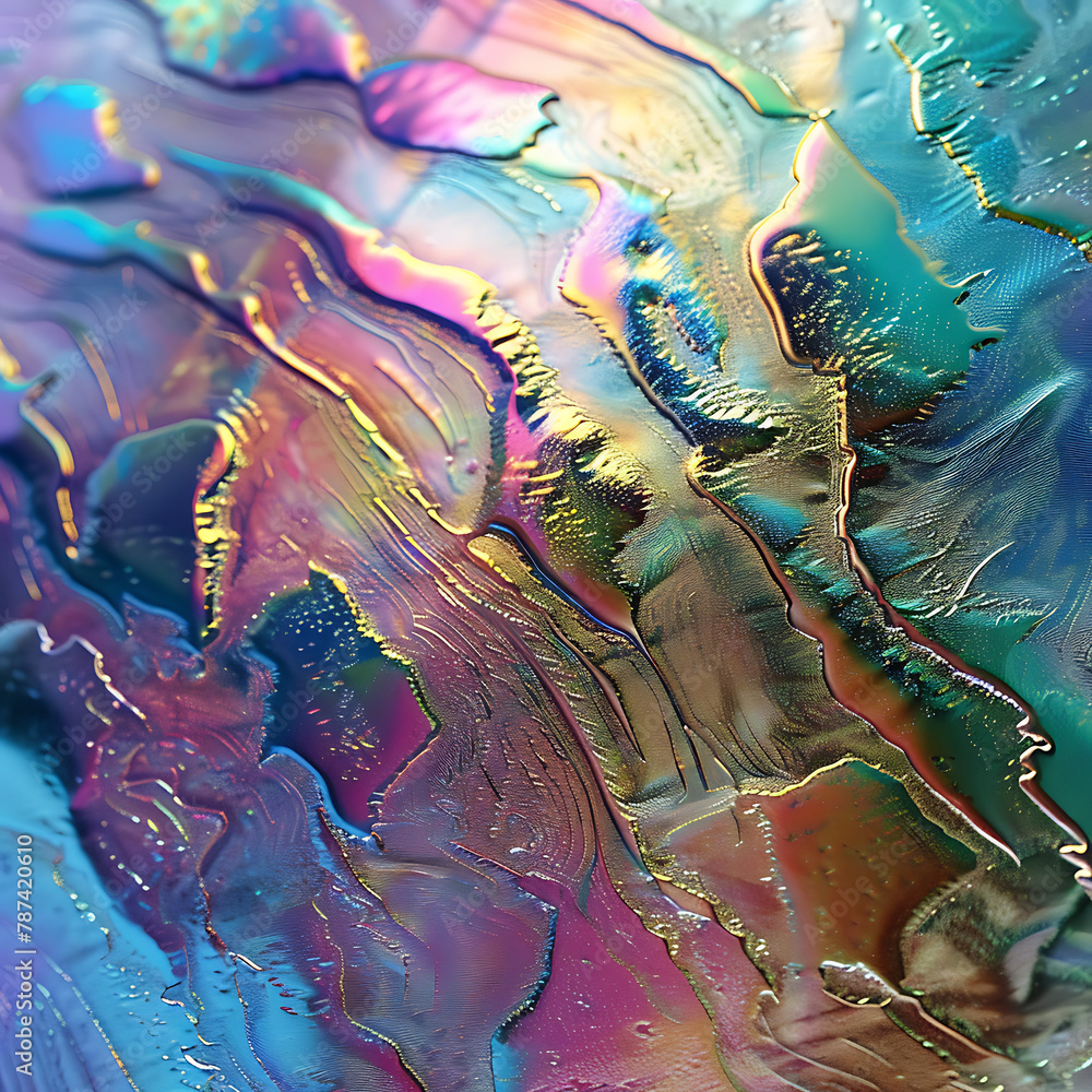 Naklejka premium Holographic rainbow liquid metallic color texture, iridescent vibrant colors, intricate details, highly detailed, digital art